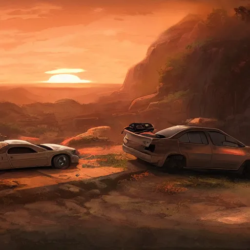 Prompt: post apocalypse scene of two cars parked on a cliff at sunset, computer art, concept art, high detail, warm colors, artstation