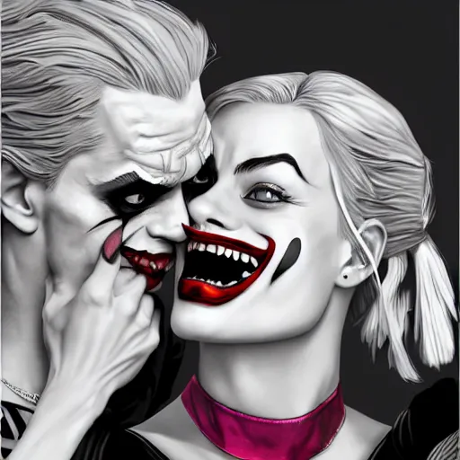 Image similar to Margot Robbie as Harley Quinn kissing the joker, highly detailed, digital painting, artstation, concept art, smooth, sharp focus, illustration, art by yoji shinakawa, black and white