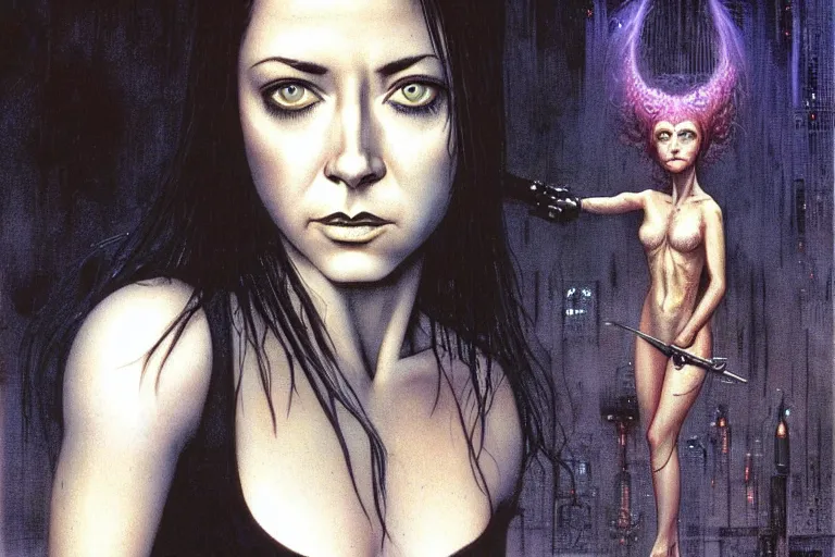 Prompt: cute young alyson hannigan with short hairs in dark city by luis royo and wayne barlowe, beksinski