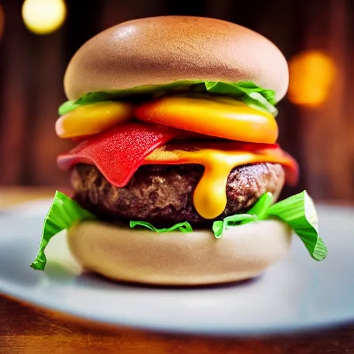 Prompt: hamburger made out of chewing gum with cheese running down bun, hyper realistic, award winning food photography