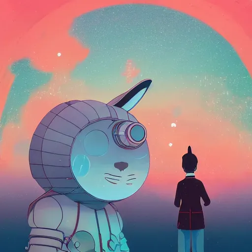 Image similar to A rabbit full of hope, looking for a black hole in an infinite time loop by Victo Ngai and Ghibli andlisk feng and atey ghailan