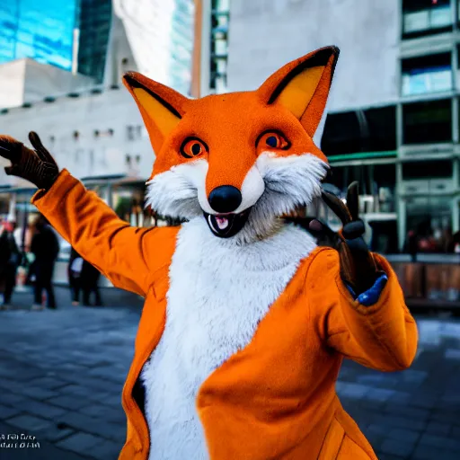 Prompt: portrait of a fox fursuiter posing for the camera at a furry convention, outdoors in the city, realisitc photo