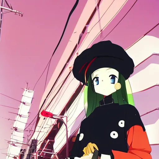 Image similar to anime girl wearing large black beret, black shirt with red star, smug grin, cel - shading, 2 0 0 1 anime, flcl, jet set radio future, golden hour, japanese town, concentrated buildings, japanese neighborhood, electrical wires, cel - shaded, strong shadows, vivid hues, y 2 k aesthetic