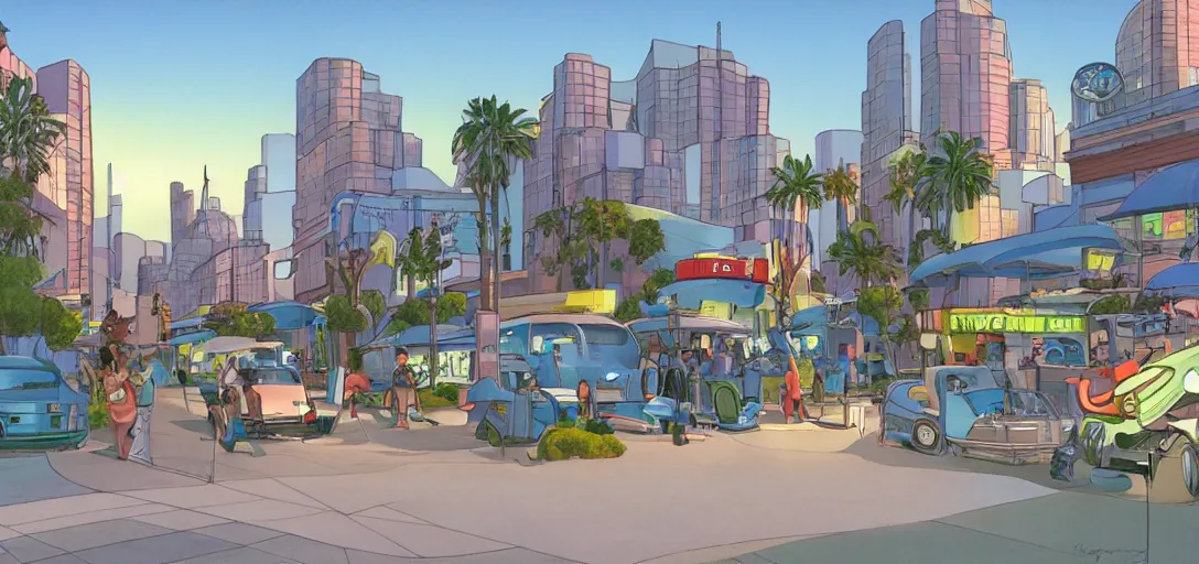 Prompt: futuristic street at a l. a. cityscape, visual development by lou romano, evening at dusk, pixar