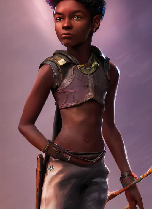 Image similar to An epic fantasy comic book style portrait painting of a young dark skinned girl with short hair dressed as a boy, unreal 5, DAZ, hyperrealistic, octane render, cosplay, RPG portrait, dynamic lighting