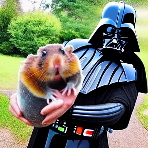 Prompt: a beautiful photo of darth vader riding on a hamster, darth vader on the back of a hamster trending on instagram