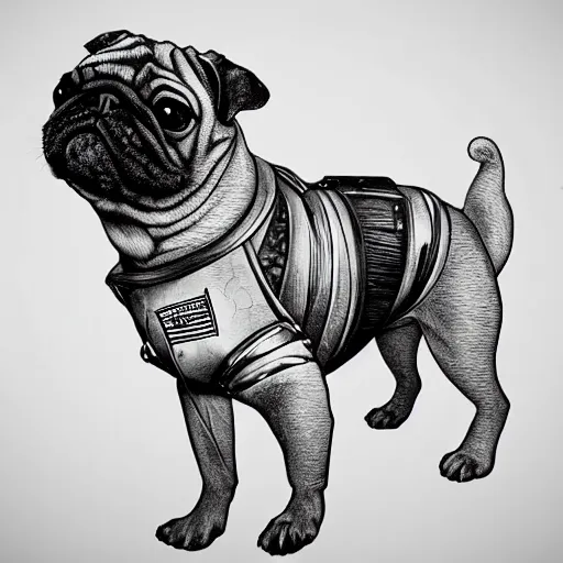 Image similar to pencil art, golden - ratio, spirals, highly detailed, panorama, astronaut pug in outer space by davinci.