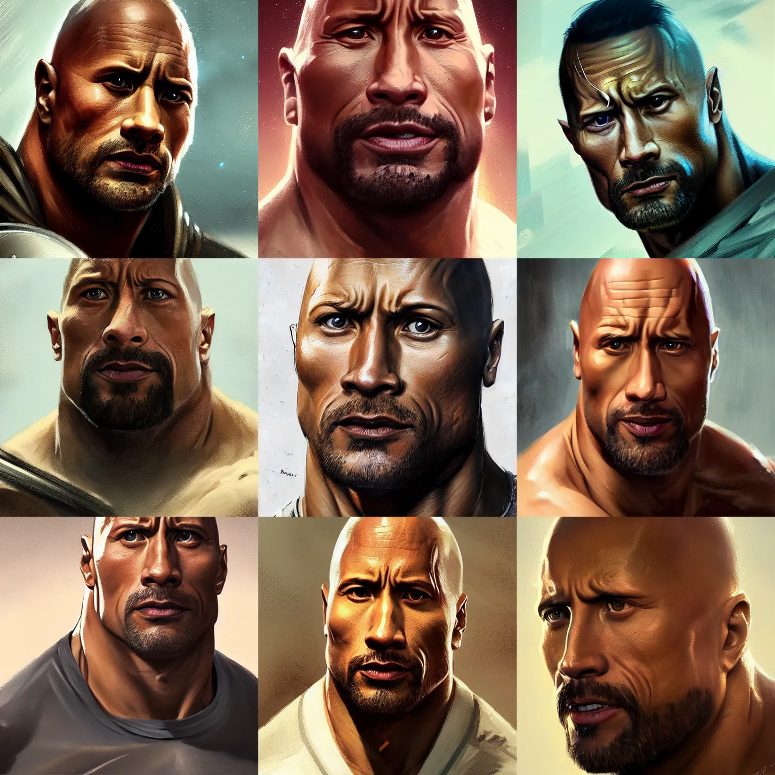 Prompt: portrait of dwayne johnson by greg rutkowski, highly detailed portrait, scifi, digital painting, artstation, concept art, smooth, sharp foccus ilustration, artstation hq