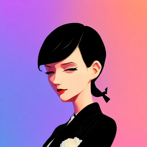 Image similar to aristocrat young female in black tuxedo, scornful, disdainful, muted colors, matte print, pastel colors, 2d, ultra highly detailed, smooth, sharp focus, digital art, digital painting, fan art, elegant, artstation, head is centered, by Ilya Kuvshinov