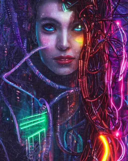 Prompt: a cyberpunk close up portrait of enchanting cyborg medusa, electricity, rainbow, snakes in hair, sparks, bokeh, soft focus, sparkling, glisten, water drops, cold, dark, geometric, temples behind her, by paul lehr, jesper ejsing