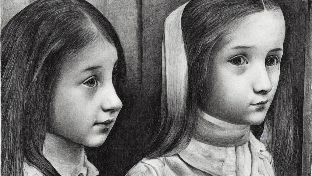 Prompt: A decent young girl portrait by MC Escher.