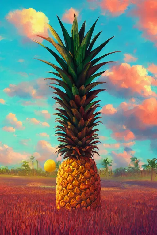 Image similar to closeup, giant pineapple head, girl surrounded by djungle, surreal photography, golden hour, colorful clouds, impressionist painting, digital painting, artstation, simon stalenhag