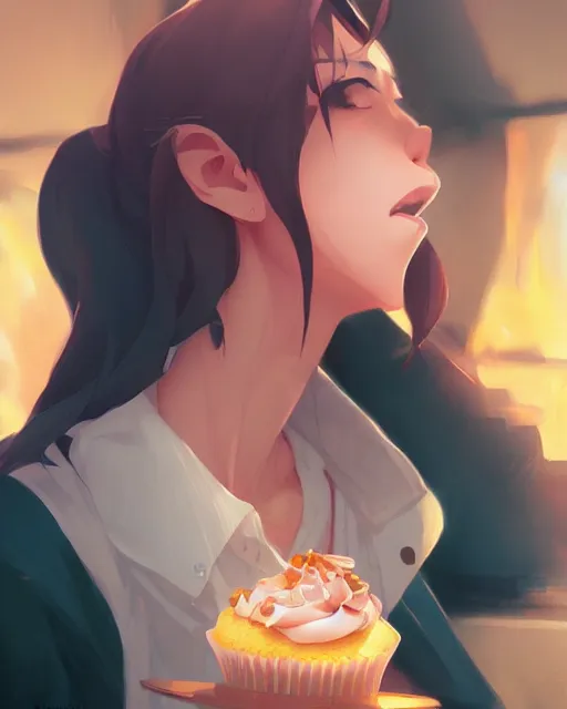 Prompt: a woman eating a cupcake, full shot, atmospheric lighting, detailed face, by makoto shinkai, stanley artgerm lau, wlop, rossdraws