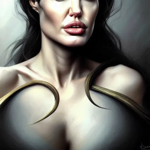 Prompt: portrait of angelina jolie, muscular upper body, fantasy, intricate, elegant, highly detailed, digital painting, artstation, concept art, matte, sharp focus, illustration, art by aenaluck and roberto ferri and greg rutkowski, epic fantasy, digital painting