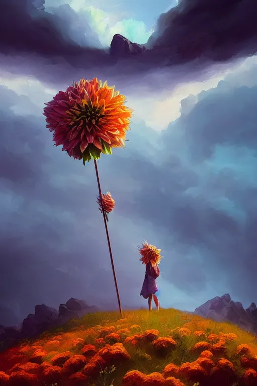 Image similar to closeup girl with giant dahlia flower head, standing on mountain, surreal photography, blue storm clouds, dramatic light, impressionist painting, digital painting, artstation, simon stalenhag