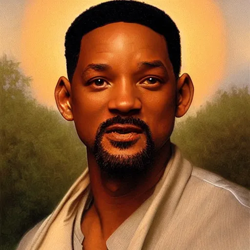 Image similar to Painting of Will Smith as Neo. Art by william adolphe bouguereau. During golden hour. Extremely detailed. Beautiful. 4K. Award winning.