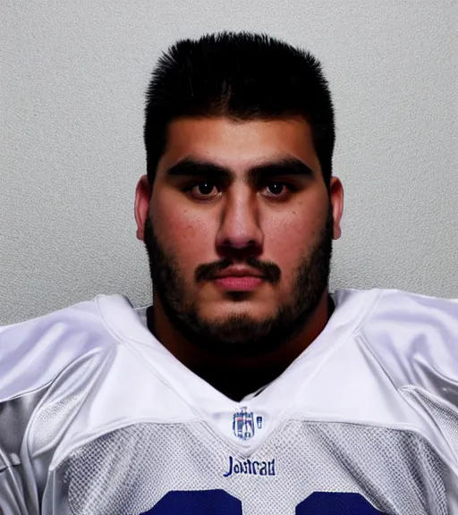 Prompt: headshot of a football player on a white backdrop, offensive lineman jorge jimenez, a stock photo by mac conner, associated press photo