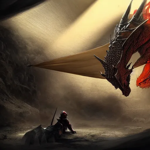 Image similar to photo of an armored knight confronting a large red scaly dragon sleeping on a mountain of human bones in a dark dusty cave with a ray of light shining on it\'s face. The knight is very small in comparison to the dragon. The cave shines with gemstones and gold. Very detailed 8k. fantasy