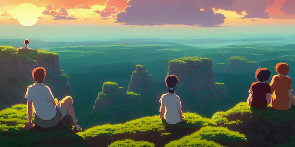 Image similar to a couple sitting over the precipice, looking at sunset, studio ghibli, pixar and disney animation, sharp, rendered in unreal engine 5, anime key art by greg rutkowski, bloom, dramatic lighting