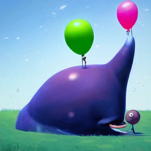 Prompt: blue whale with cute big eyes attached to colorfull balloons, artwork by goro fujita,