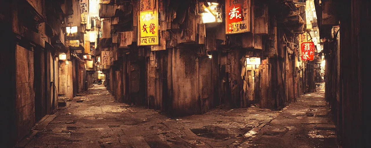 Image similar to digital painting, wideangle view of a narrow alley in kowloon walled city, dirty, sodium lights,evening, tungstem color balance, cinestill, street photography