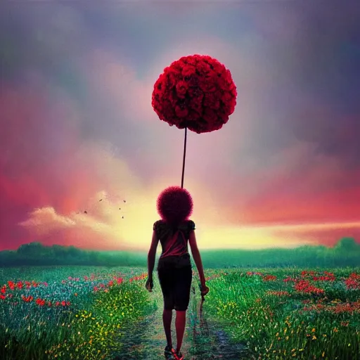 Image similar to giant red carnation afro head, full body, girl walking in the middle of a field with flowers, surreal photography, hills, sunrise dramatic light, impressionist painting, colorful clouds, digital painting, pointillism, artstation, simon stalenhag