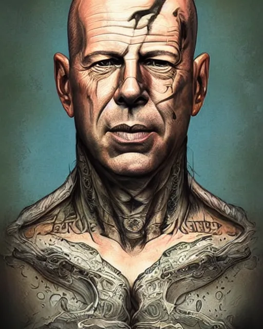 Prompt: face-centred portrait of Bruce Willis in lord of the rings movie , body covered in elfish tattoos , open magic book glowing, D&D, fantasy, highly detailed, digital art, fantasy illustration, trending on artstation, smooth, sharp focus, illustration, art by artgem and ROBERT HYNES