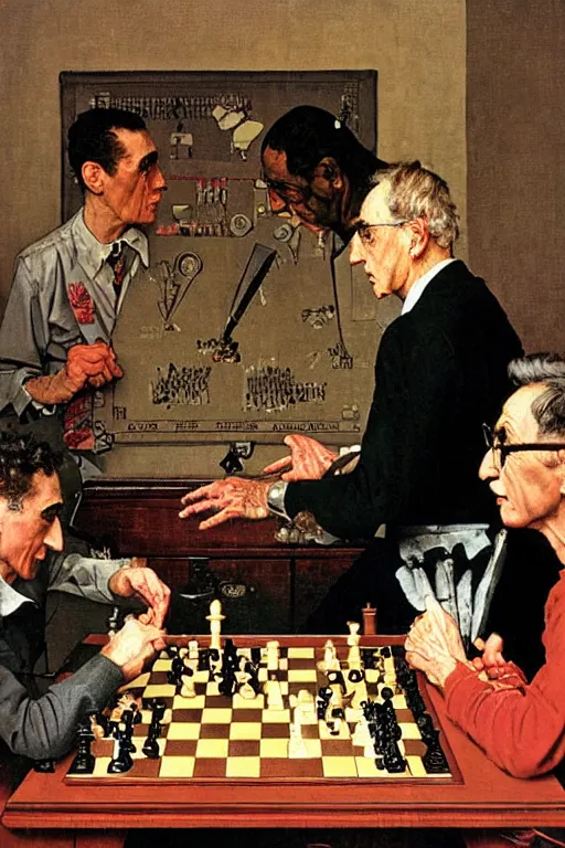 Prompt: franco battiato playing chess painted by norman rockwell