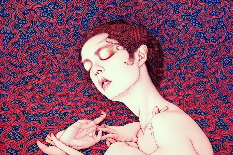 Image similar to realistic detailed image of a woman laying in a padded room, conjuring psychedelic background, part by takato yamamoto, part by alex gray, ross tran, james jean, ultra realistic, octane render, highly detailed, 8 k, trending on artstation, cosmic, symmetry, masterpiece