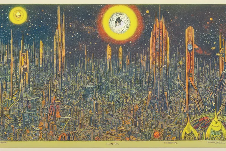 Image similar to a scifi illustration, Bird City on Endor by Louis Wain (1920)