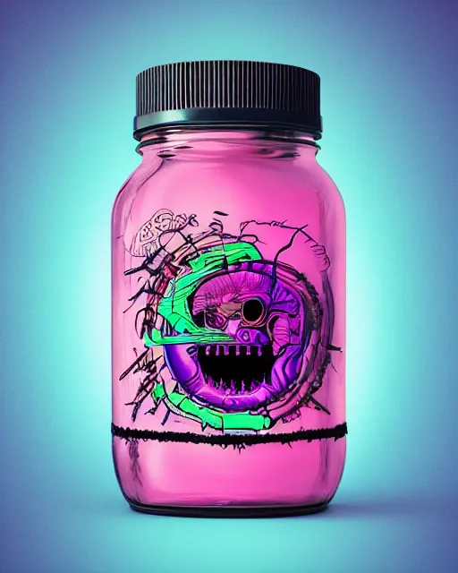 Prompt: awesome logo on a jar of a brain with dank techno. synthwave colours, in the style of spirited away, hyperrealism, lush detail, award winning, trending on behance