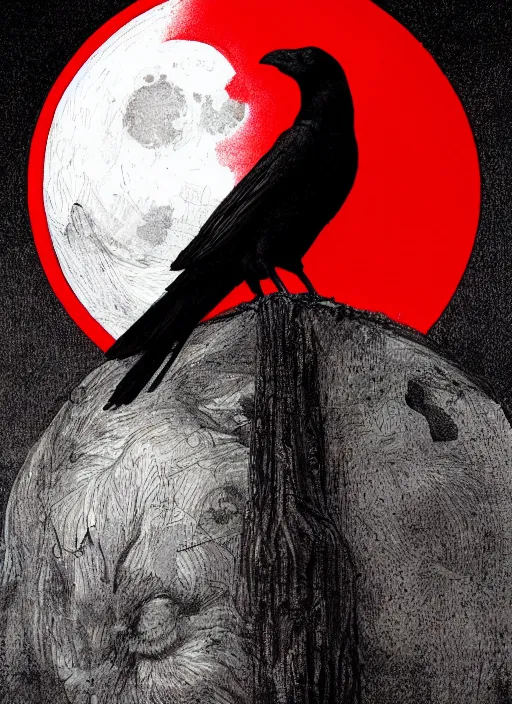 Image similar to portrait, A crow in front of the full big moon, book cover, red white and black colors, establishing shot, extremly high detail, foto realistic, cinematic lighting, pen and ink, intricate line drawings, by Yoshitaka Amano, Ruan Jia, Kentaro Miura, Artgerm, post processed, concept art, artstation, matte painting, style by eddie mendoza, raphael lacoste, alex ross