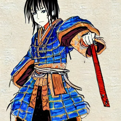 Image similar to it's an anime style of samurai from some japanese anime, i think. the style is very bold - strongly - defined solid colors, rather than shades of shading.