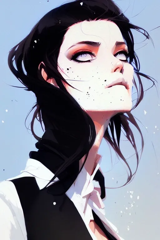 Image similar to a ultradetailed beautiful panting of a stylish woman, she is wearing a white shirt with a tie and black pants, by conrad roset, greg rutkowski and makoto shinkai trending on artstation