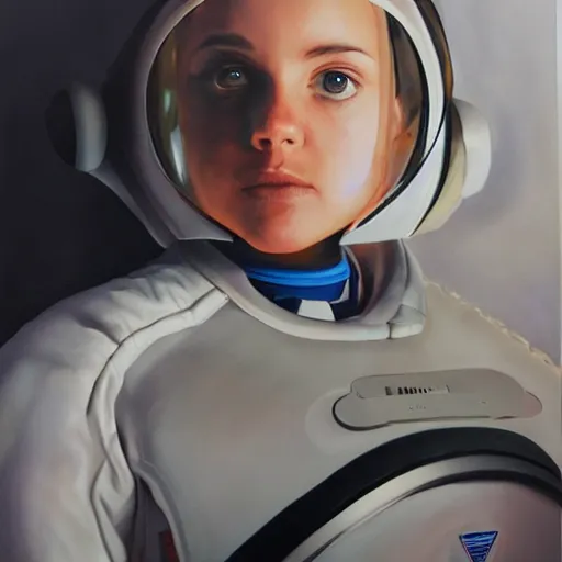 Prompt: girl in futuristic astronaut suit, portrait, hyperrealism oil painting