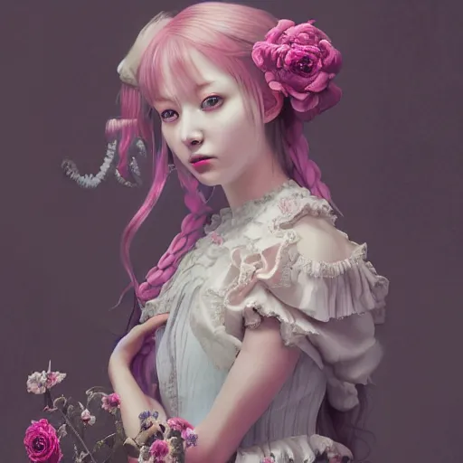 Image similar to 8 k, octane render, realism, tonalism, renaissance, rococo, baroque, cotton candy, portrait of a creepy young lady wearing long - harajuku manga - dress with flowers! and skulls