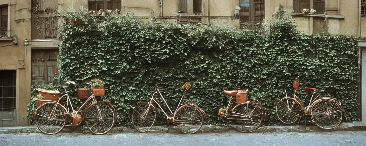 Prompt: growing!!!!! spaghetti!!!!! over ivy on a parisian side street, 1 9 5 0 s, canon 5 0 mm, bicycle, kodachrome, in the style of wes anderson, retro