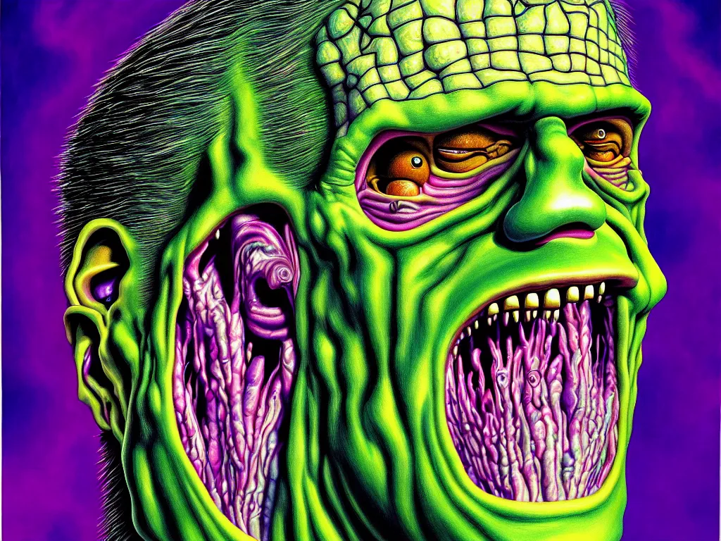 Image similar to a hyperrealistic painting of frankenstein monster head, radial symmetry, depth of field, lightning, cinematic cartoon horror by basil wolverton, lisa frank, joe coleman, kris kuksi, highly detailed, vivid color,