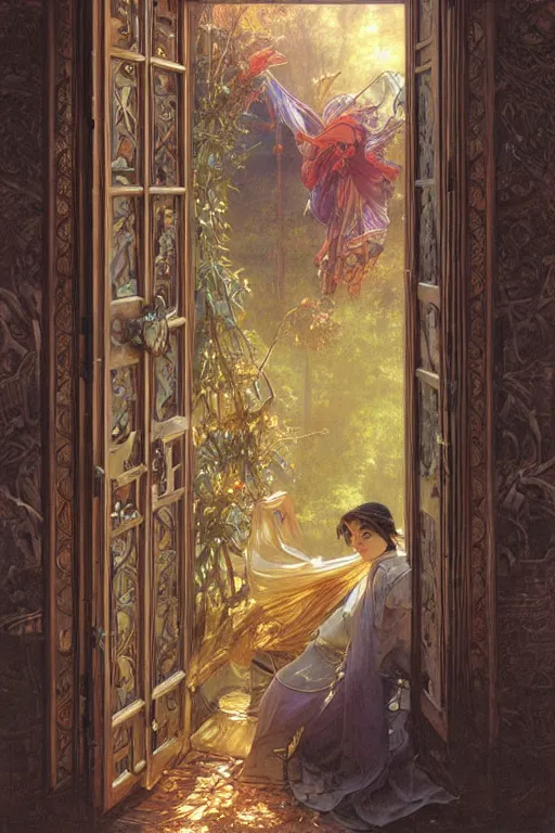 Image similar to large rustic intricately decorated wooden double door, metal handles, a view to a fantasy world, ethereal back light, mist, coherent composition, fantasy painting by noriyoshi ohrai, yuumei, alphonse mucha