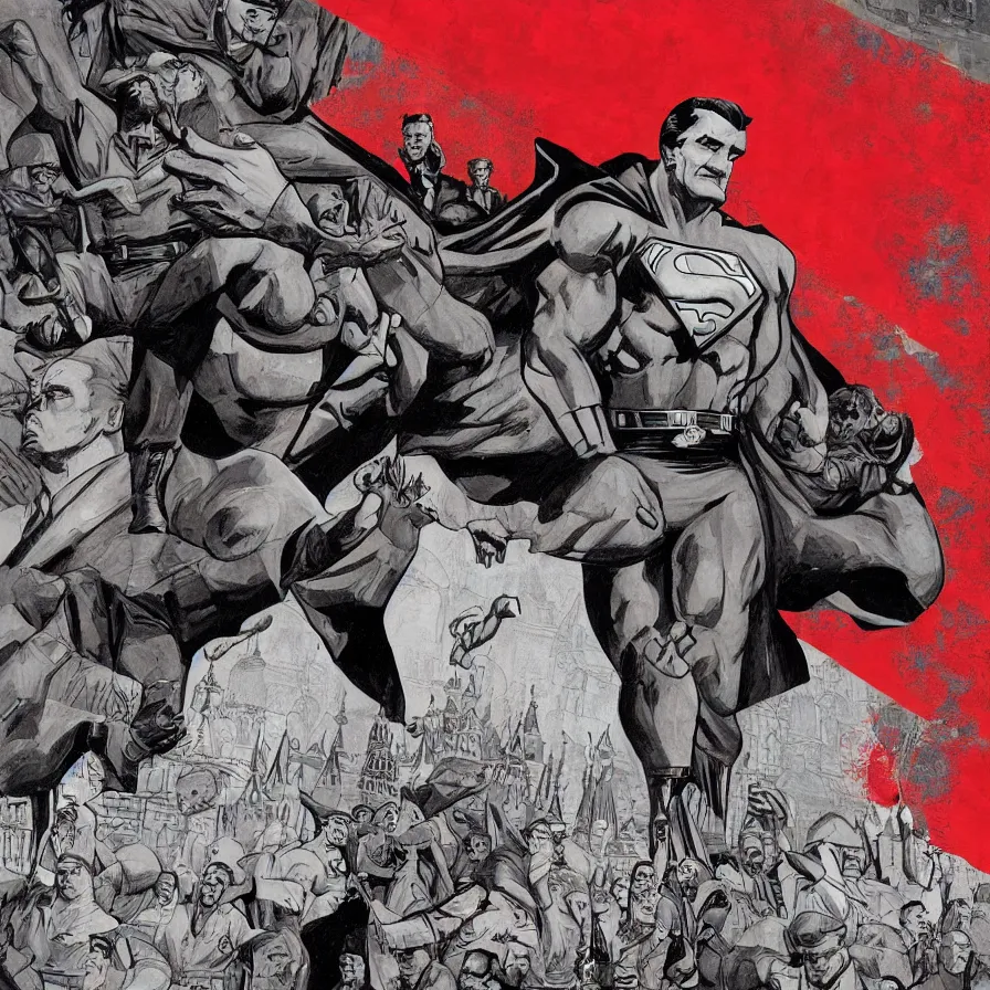 Prompt: epic comic book cover of stalin as superman floating over the red square ( moscow ), soviet propaganda, socialist realism, aesthetically pleasing, finely detailed facial features, hyperrealist, intricate digital art, trending artstation, artgem, rich moody colors, fan art, concept art, in the style of the red son and invincible