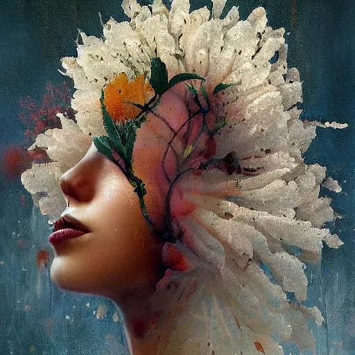 Image similar to The painting is a beautiful and haunting work of art of a series of images that capture the delicate beauty of a flower in the process of dying. The colors are muted and the overall effect is one of great sadness. clockpunk by Karol Bak, by Goro Fujita Trending on artstation