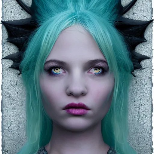 Image similar to The dragon girl portrait, portrait of young girl half dragon half human, dragon girl, dragon skin, dragon eyes, dragon crown, blue hair, long hair, highly detailed, cinematic lighting, by Tim Burton and David Lynch