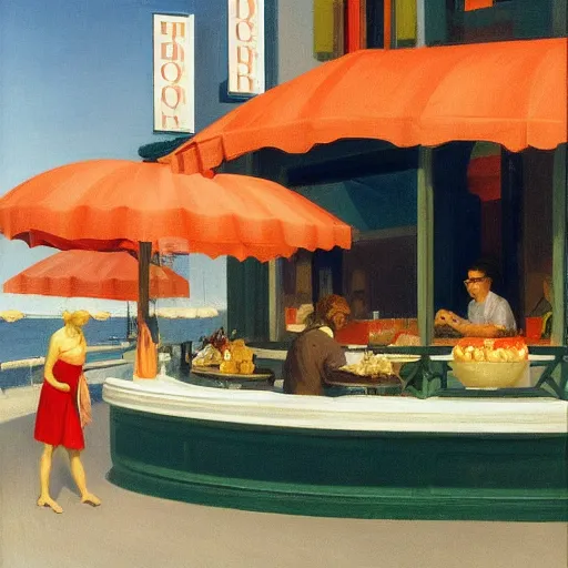 Prompt: Italian aperitivo at the seaside by Edward Hopper, 8k, octane render, detailed detailed digital art, ultra sharp