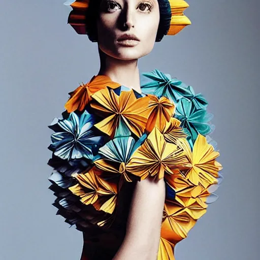 Prompt: portrait of a beautiful model wearing origami themed paper flower and geometric shapes haute couture by issey miyake