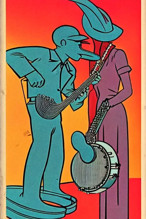 Prompt: ( ( ( ( ( 1 9 5 0 s retro future banjo. vintage 1 9 3 0 s colors. ) ) ) ) ) by mustang, moebius, and alberto giacometti!!!!!!!!!!!!!!!!!!!!!!!!!!!!!!