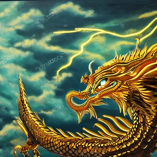 Image similar to beautiful oil painting of golden eastern dragon alone in sky, green lightning, night clouds, above city