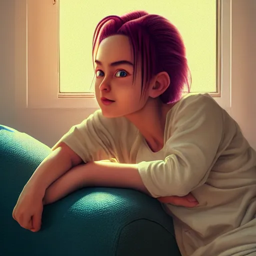 Image similar to intricate beautiful portrait of bulma, smiling softly, casual clothes, relaxing on the couch, home interior, golden hour, close up shot, 8 k, art by irakli nadar, hyperrealism, hyperdetailed, ultra realistic