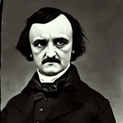 Image similar to a portrait of Edgar Allan Poe offering you the boof. Movie still.