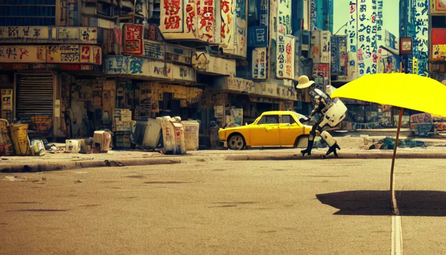 Image similar to incredible wide screenshot, ultrawide, simple watercolor, rough paper texture, anime movie scene, backlit distant shot of robot cowboy running away from the troubles of life, side view, yellow parasol in deserted dusty shinjuku junk town, broken vending machines