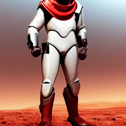 Image similar to gigachad space infantry man in glossy sleek white armor with small red details and a long red cape, heroic posture firing laser rifle, on the surface of mars, night time, dramatic lighting, cinematic, sci-fi, hyperrealistic, movie still